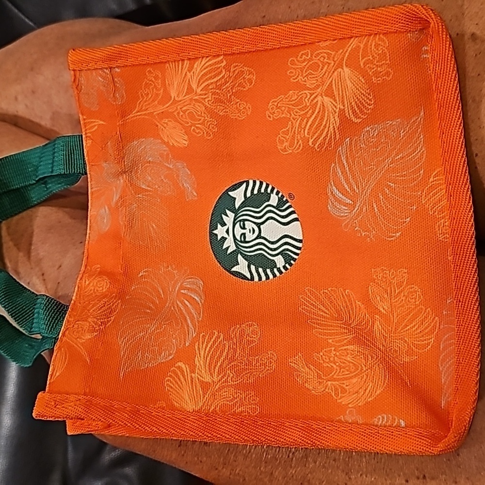 Starbucks Logo Small Tote Bag Floral Orange Textile Green Logo